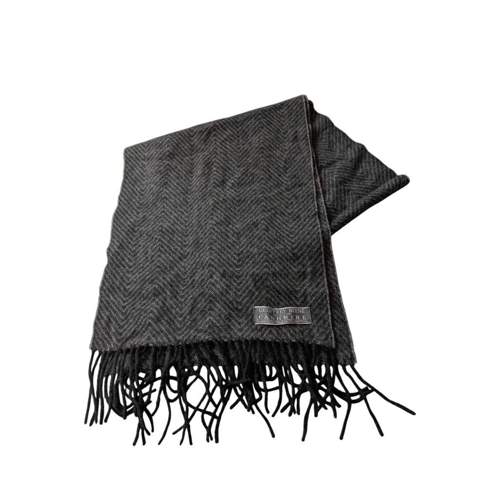 Geoffrey Beene Men 100% Pure Cashmere Grey Herringbone Fringed Scarf 60x12